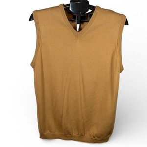 Toscano Mens Camel Tan 100% Extrafine Merino Wool V-Neck Sweater Vest Size M